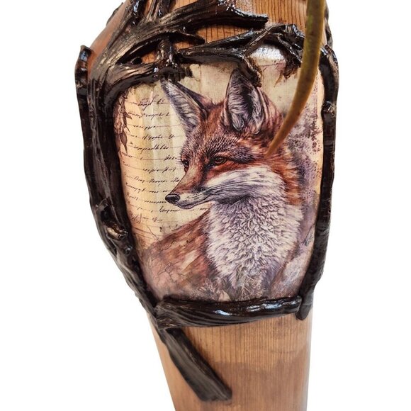Wooden Fence Post Vase With Fox Design & Faux Grass Grain Arrangement 28" tall W - Picture 4 of 15
